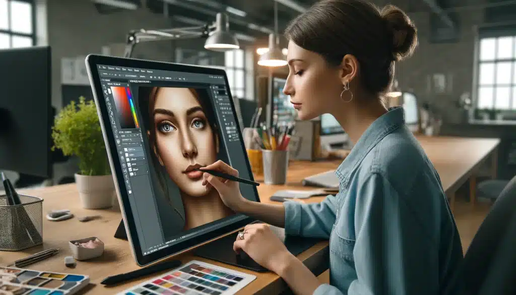 Graphic designer using digital tablet for photo retouching