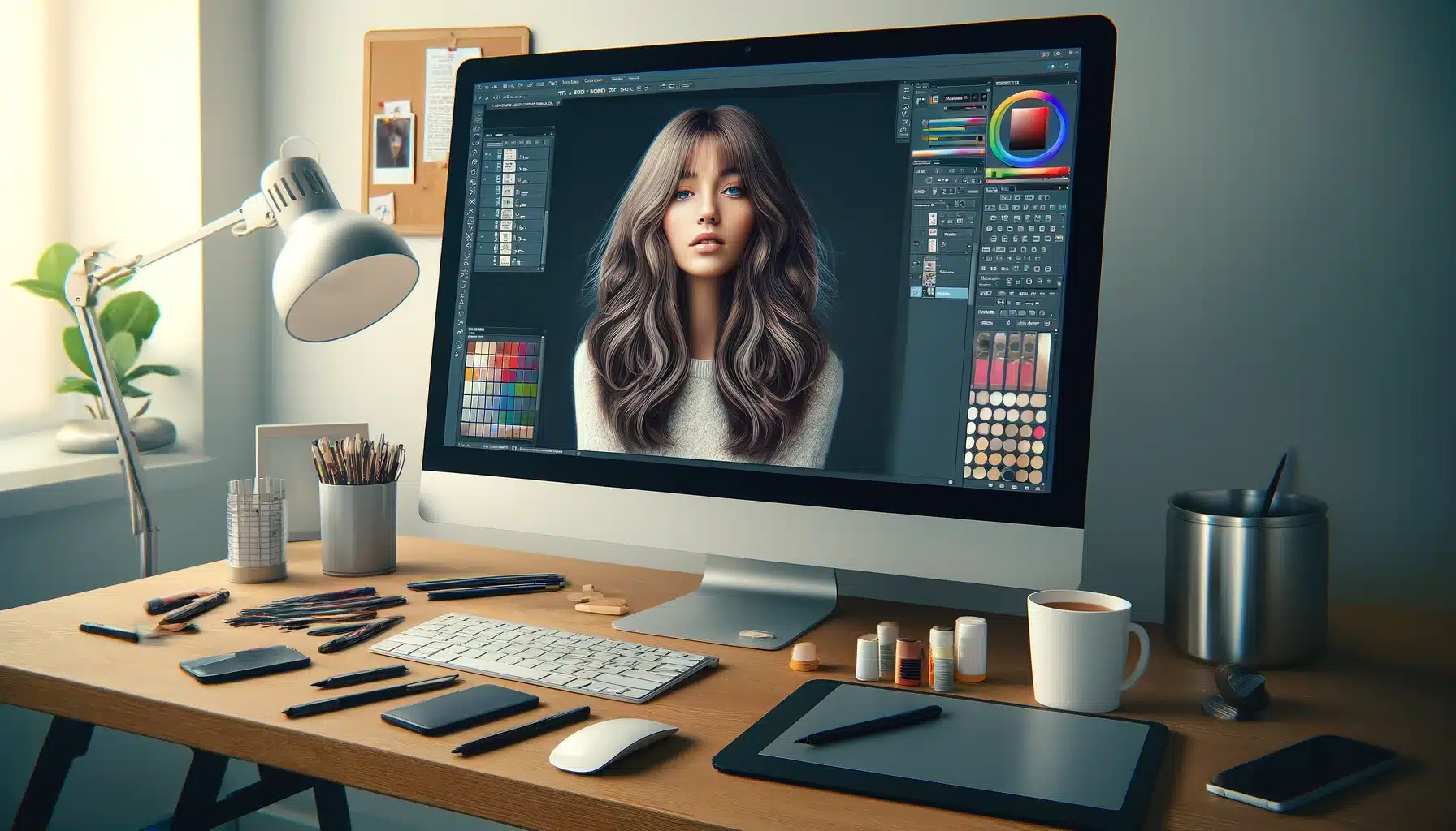 A computer screen displaying the Photoshop interface with a photo of a girl, showing the process of changing her hair color.