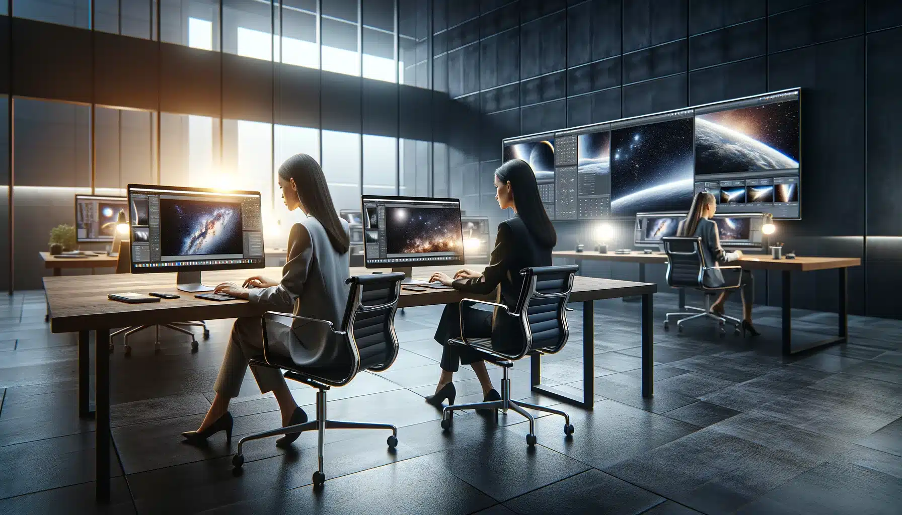 Two professional women edite astro images on laptops in a modern office