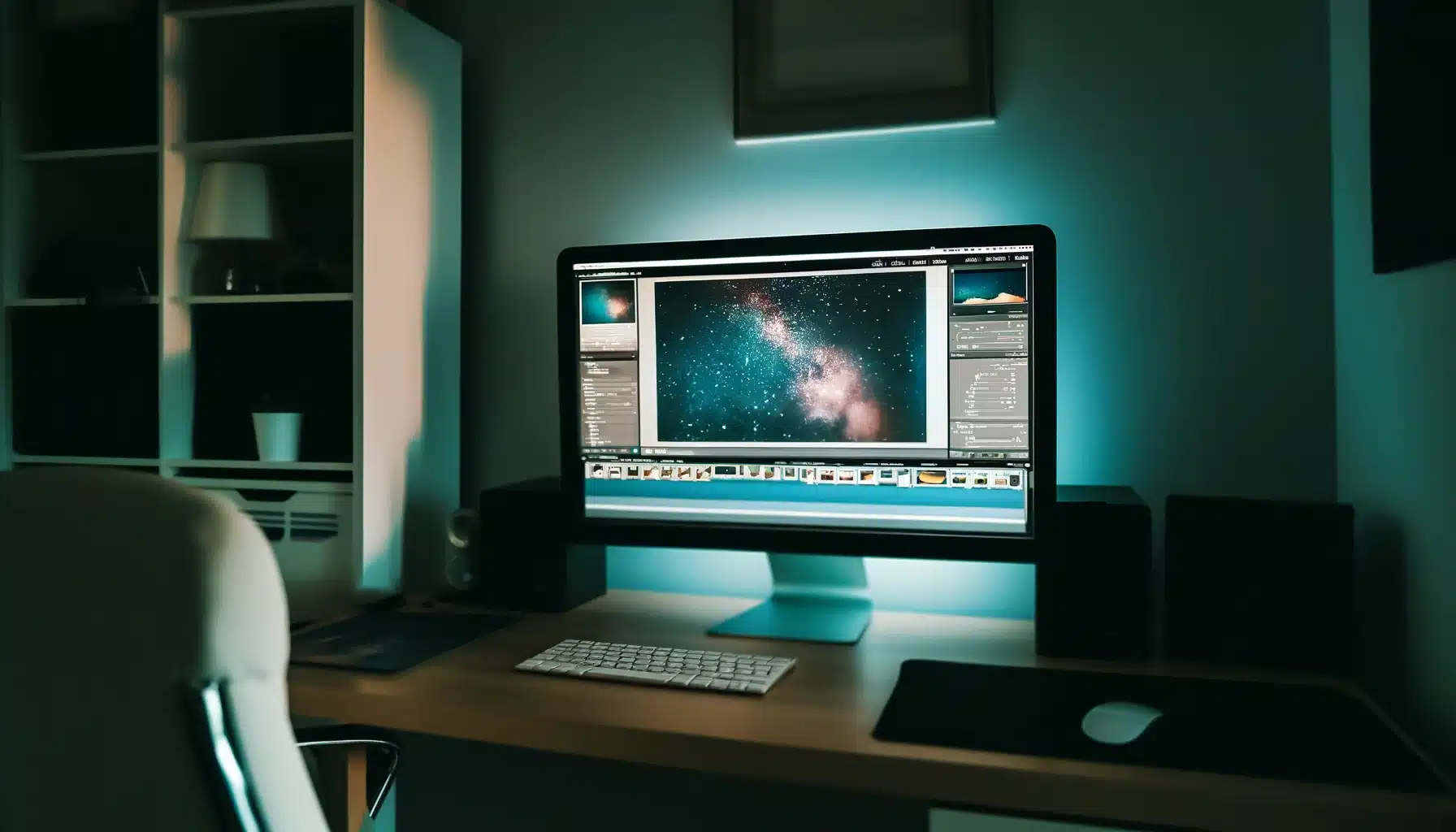 Home office with a desktop displaying astrophotography editing