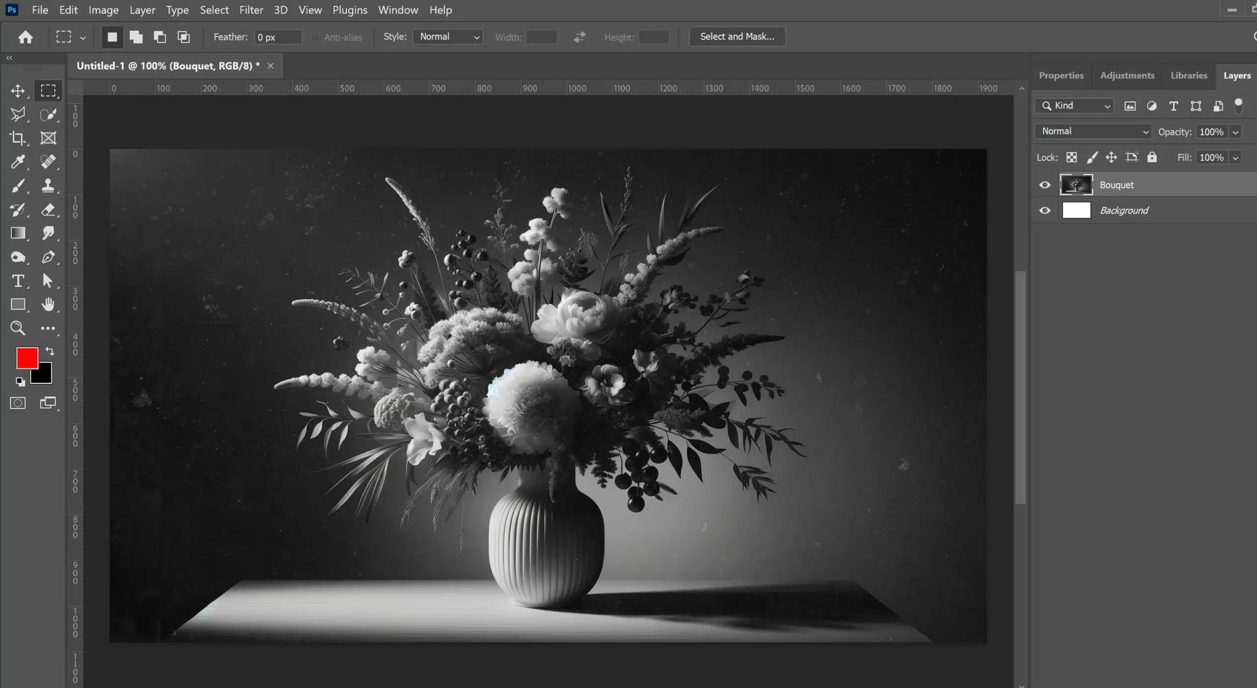 A black and white photo of a bouquet in a vase, displayed in the Adobe Photoshop interface.