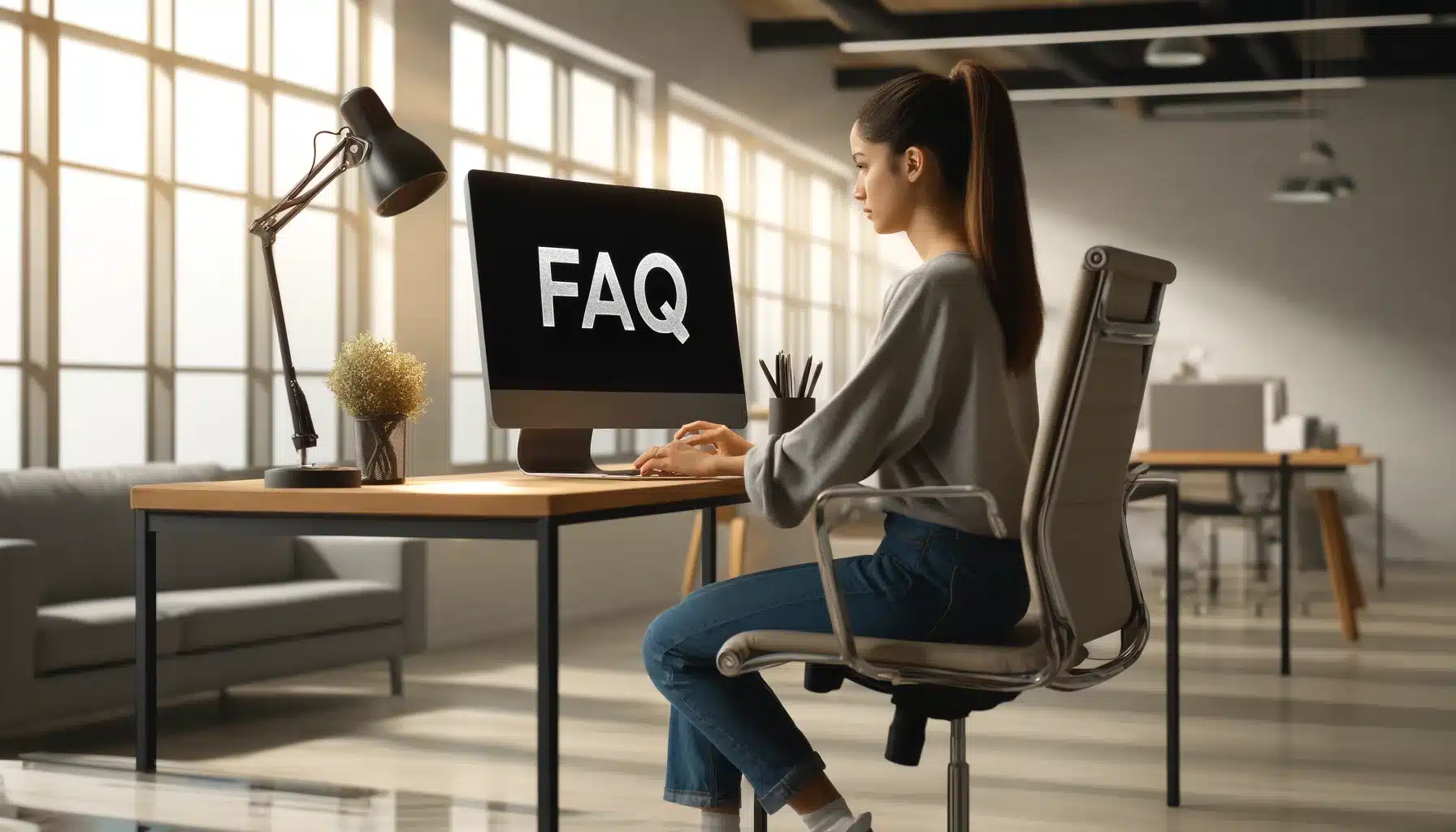 A young Hispanic female works on a laptop displaying 'FAQ' in a modern office setting, emphasizing her role in managing digital communications effectively without repeating focus keywords.