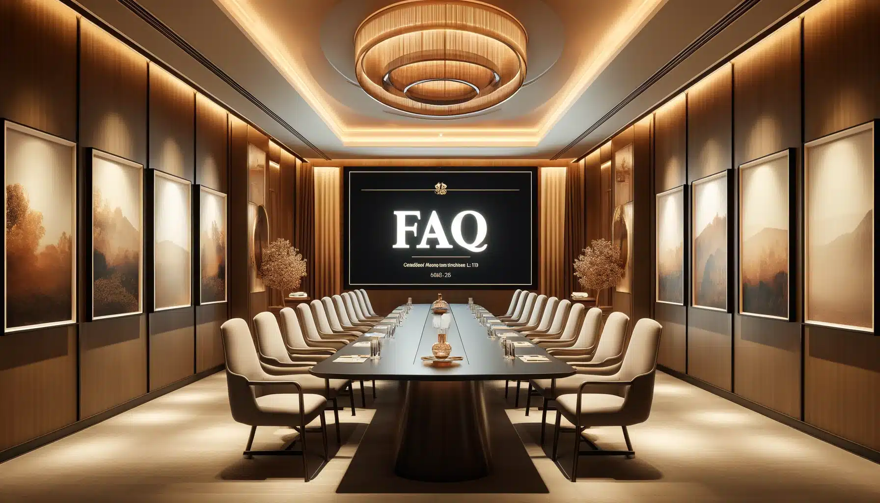 A sophisticated conference room with a large screen showing 'FAQ', complete with a long table, comfortable seating, and chic decor under warm lighting.