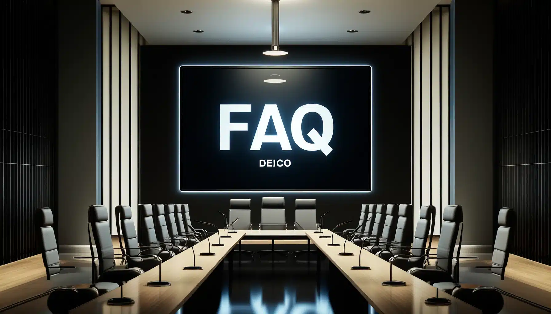 Large digital display in a modern conference room showing 'FAQ'