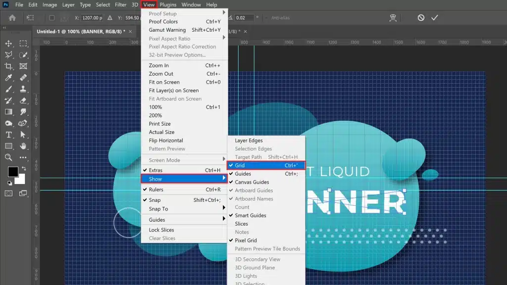 A photo of Photoshop showing the process of enabling the grid. The View menu is open with the 'Show' submenu expanded, and the 'Grid' option highlighted. An abstract liquid banner design is visible in the background, overlaid with the grid