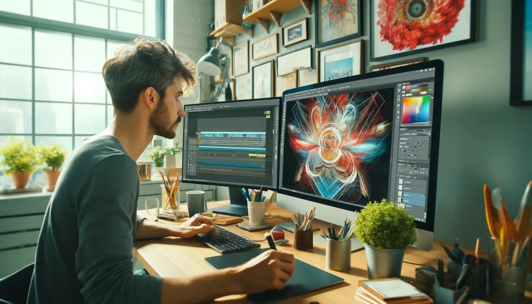A digital artist integrates the tool in Photoshop with other features, showcasing their skills on dual monitors in a technologically advanced workspace.