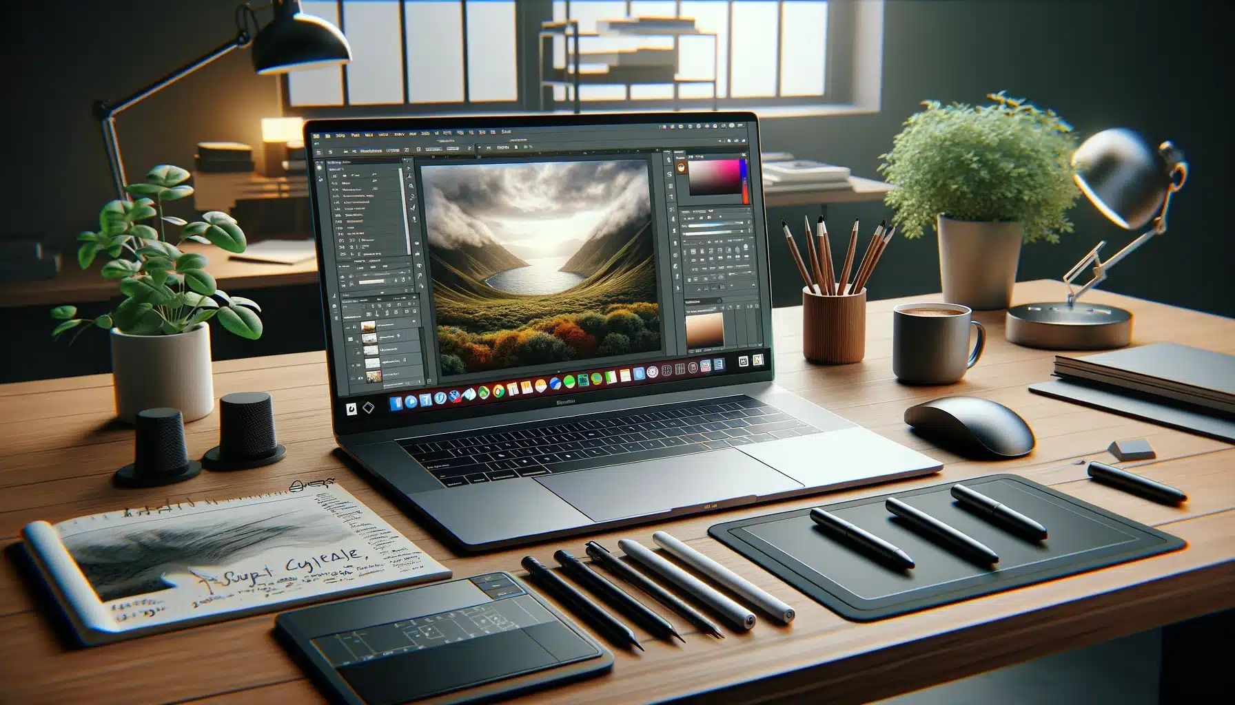 A modern working desk featuring a high-end laptop displaying advanced image upscaling settings in Photoshop, accompanied by professional accessories like a graphic tablet and notes on digital image processing.