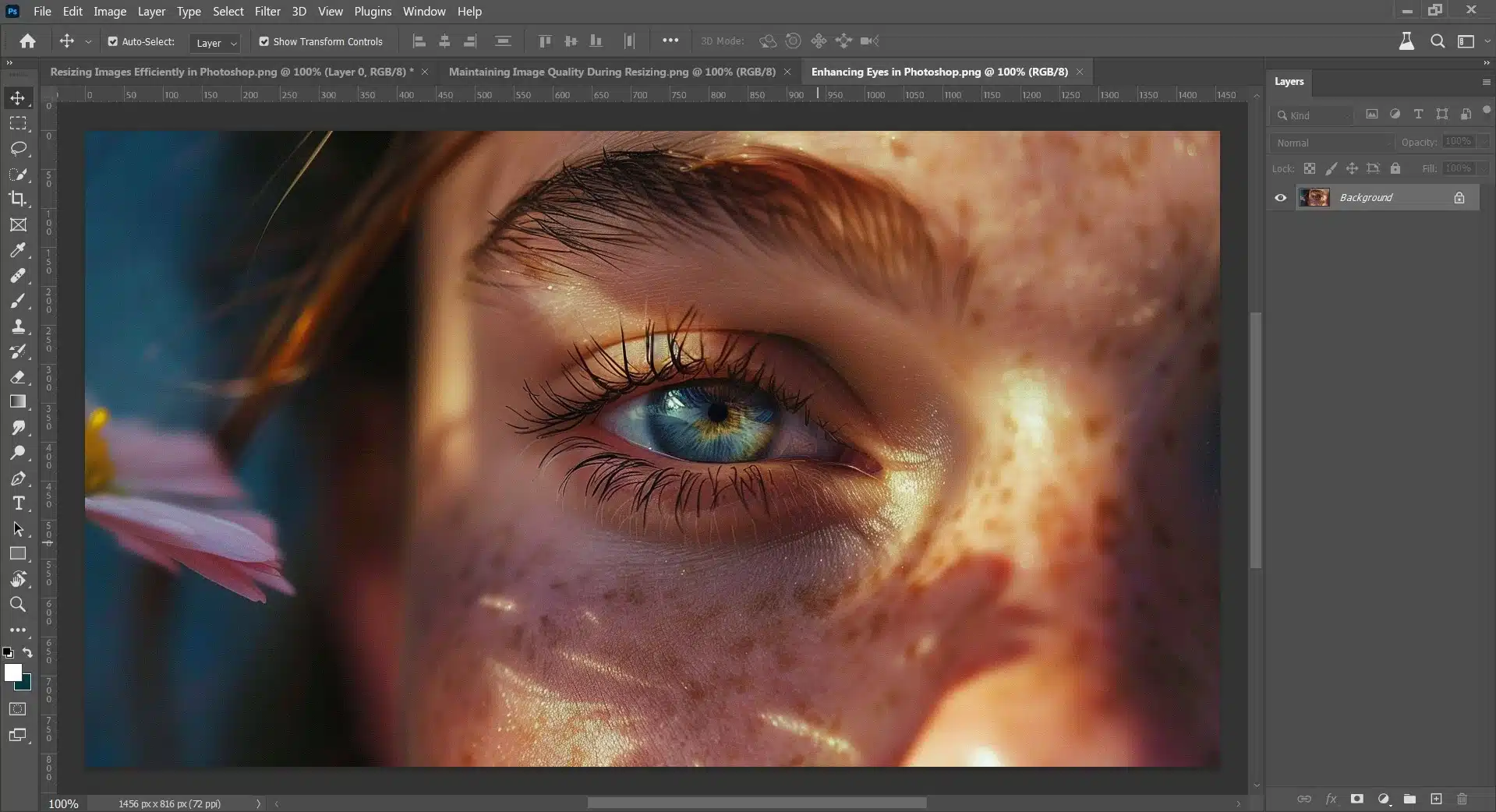 Close-up of a woman's eye with Photoshop tools visible, showing adjustments for brightness and color enhancement.