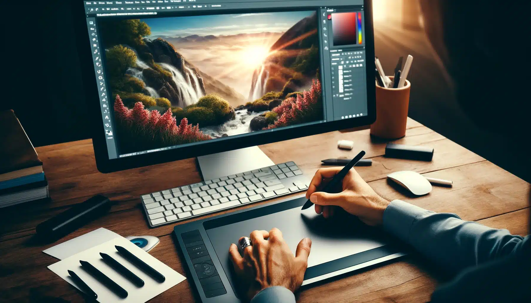 Close-up view of a man's hands using a graphic tablet and stylus to edit a scenic landscape photo in Adobe Photoshop, displayed on a computer monitor in a well-organized workspace.