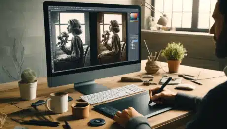 A Photoshop screen displaying a before and after comparison of a vintage portrait, with an artist working on a graphics tablet. The workspace includes various tools and a potted plant.