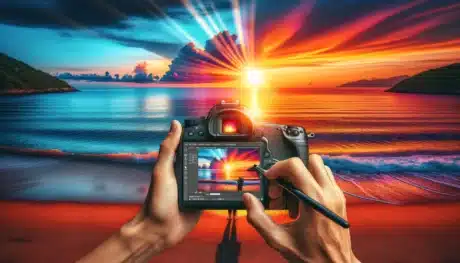 Photographer adding lens flare in Photoshop to a sunset seaside scene