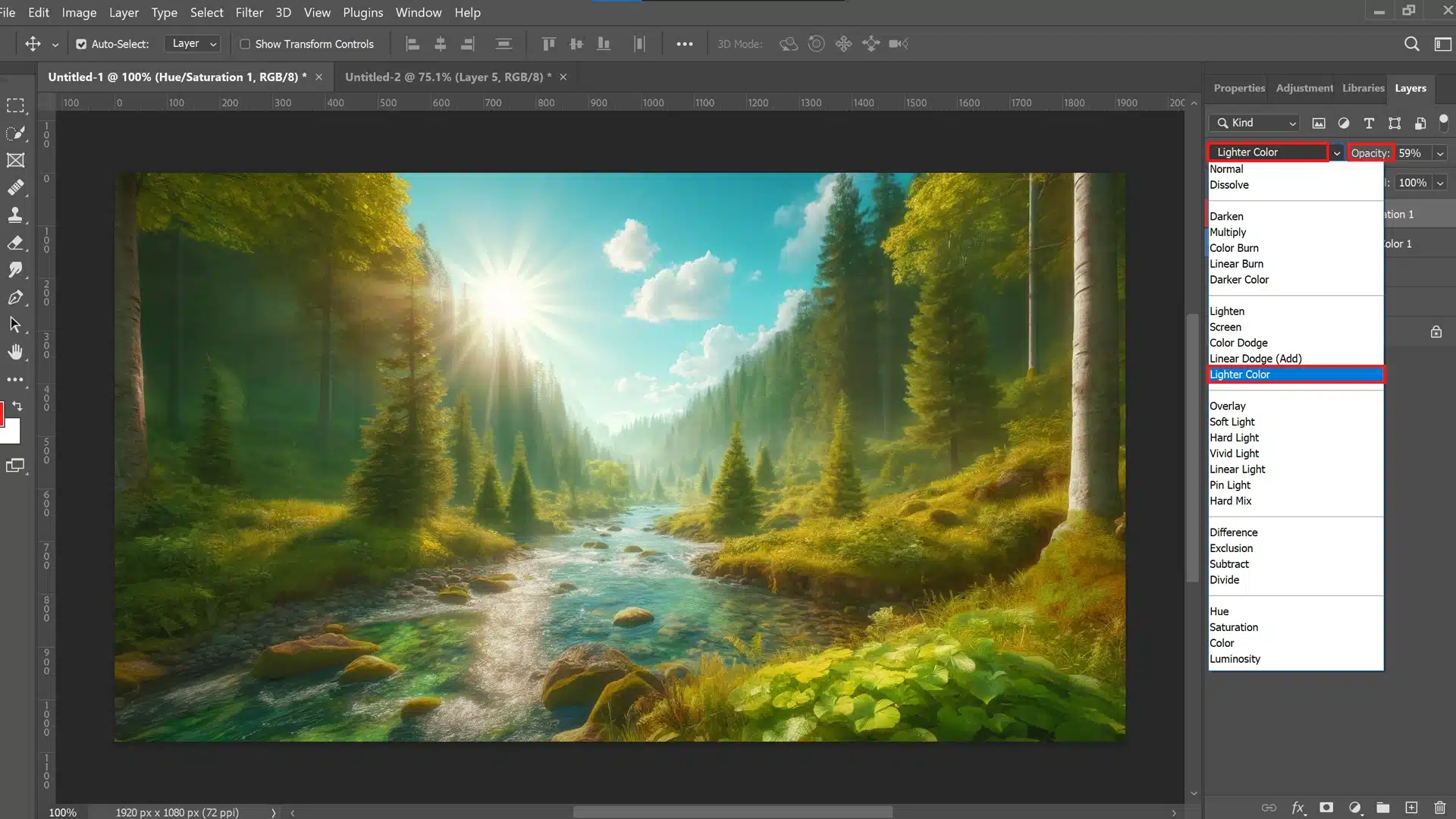 Adobe Photoshop showing a forest landscape on the canvas. The Layers panel is open, and the blending mode is set to 'Lighter Color' with the opacity adjusted to 59%.