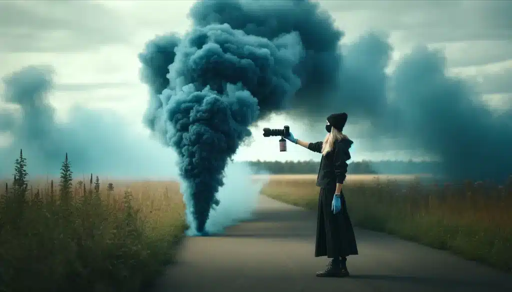 Photographer in a field ensuring safety while using a blue smoke bomb