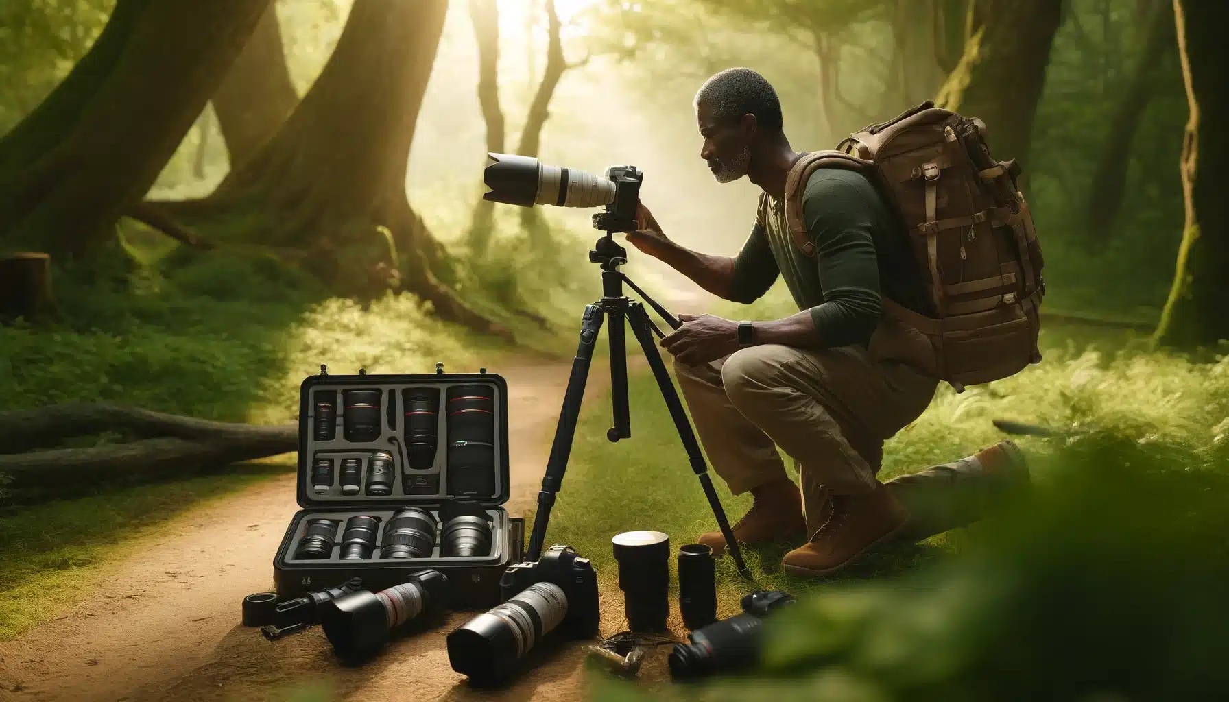 A middle-aged African male wildlife photographer sets up his camera on a tripod amidst a lush forest, surrounded by various photography equipment, demonstrating essential wildlife photography tools for capturing nature.