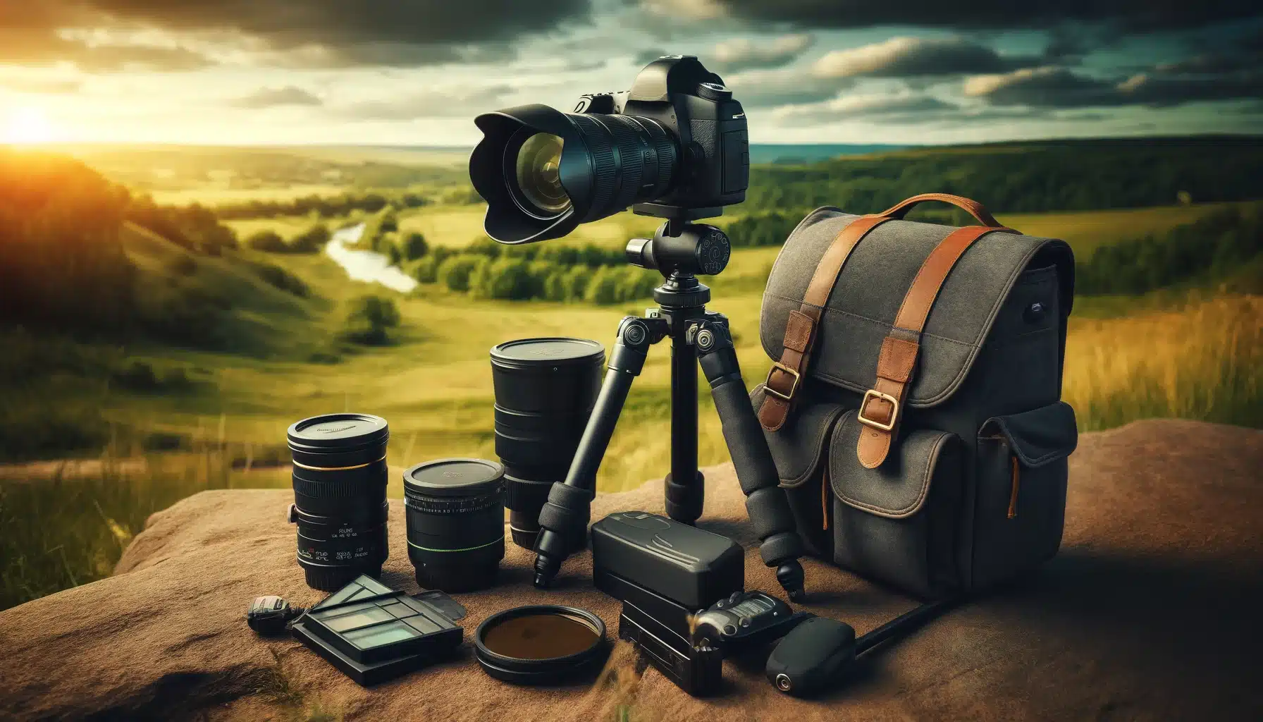Photography equipment for long exposure landscape photography, including a DSLR camera, tripod, ND filters, remote shutter release, and camera bag, set up in a natural outdoor setting
