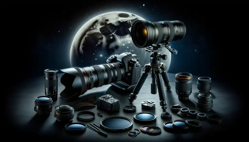 DSLR camera, tripod, zoom lens, and filters ready for lunar eclipse photography under a starry sky.