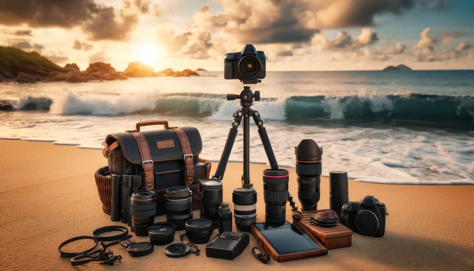 A well-organized seascape photography setup on a rocky beach at sunrise, featuring a camera on a tripod, various lenses, and other essential gear.