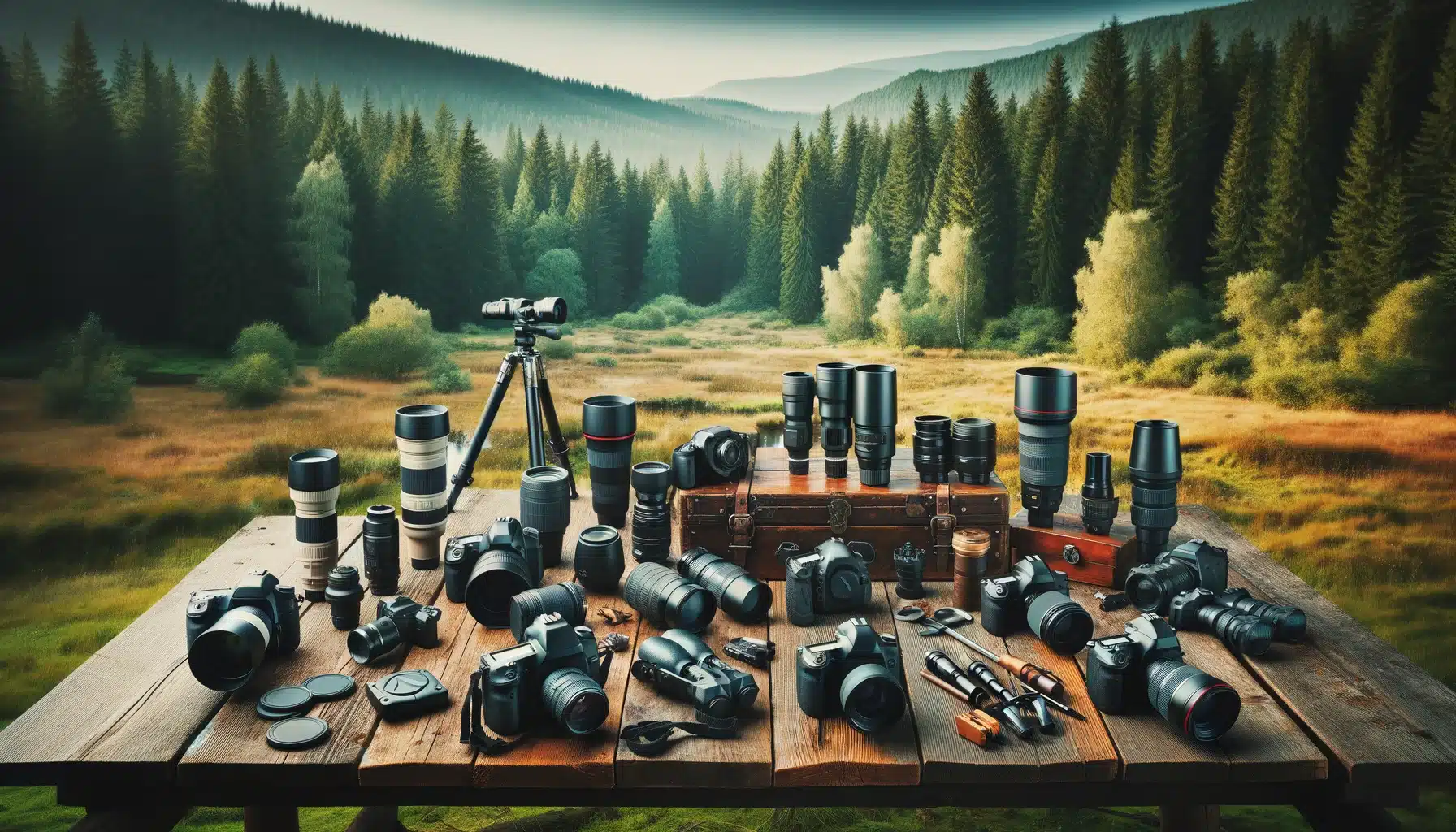Various wildlife photography tools including cameras, lenses, and tripods are displayed on a rustic wooden table in a forest setting, demonstrating the essential equipment needed for capturing wildlife effectively.