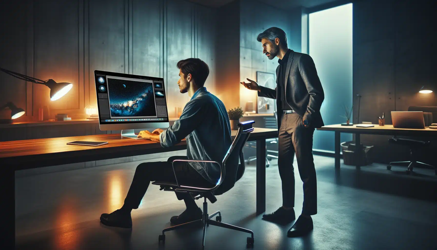 Two men discussing Extraterrestrial imaging modification strategies in a modern office