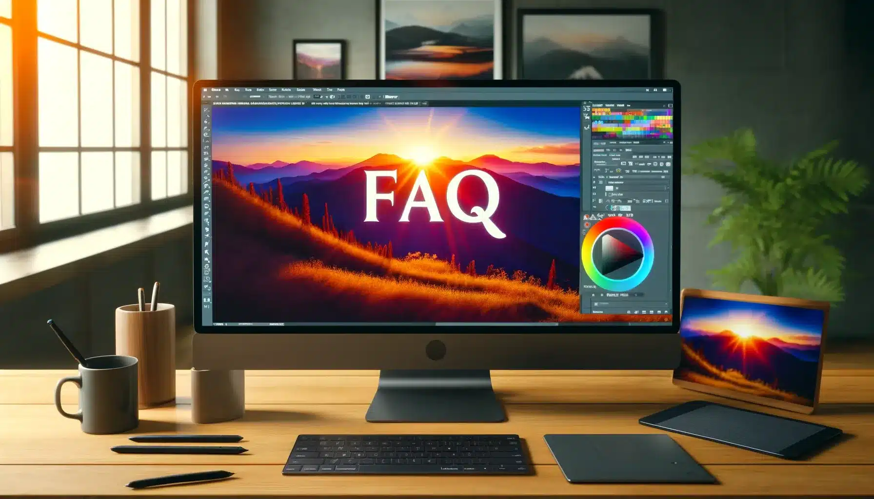 A modern desktop setup featuring two high-resolution monitors displaying a Photoshop interface with an adjustment layer being applied to a landscape image, with the word "FAQ" prominently displayed in large font.