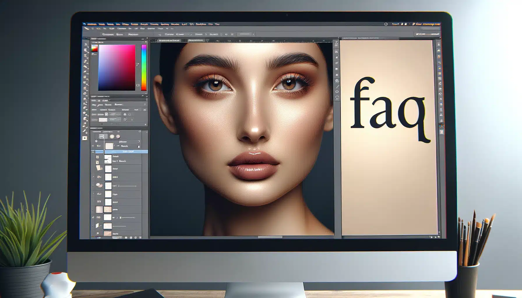 Computer monitors displaying the text 'FAQ' with a beautifully edited portrait in the background, showcasing smooth, natural-looking skin and subtle adjustments to facial features and lighting.