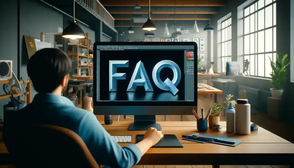 A graphic designer working at a desk in an ambient studio setting, focusing on a computer screen displaying the text 'FAQ' in large letters within the Photoshop interface. The background includes soft lighting, shelves, and creative decor, with a professional color scheme featuring shades of blue and gray.
