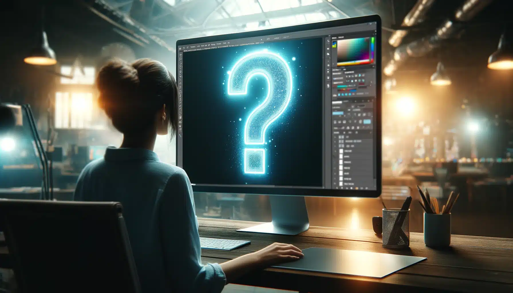 A female graphic designer working at a desk in an ambient studio setting, focusing on a computer screen displaying a big glowing question mark.