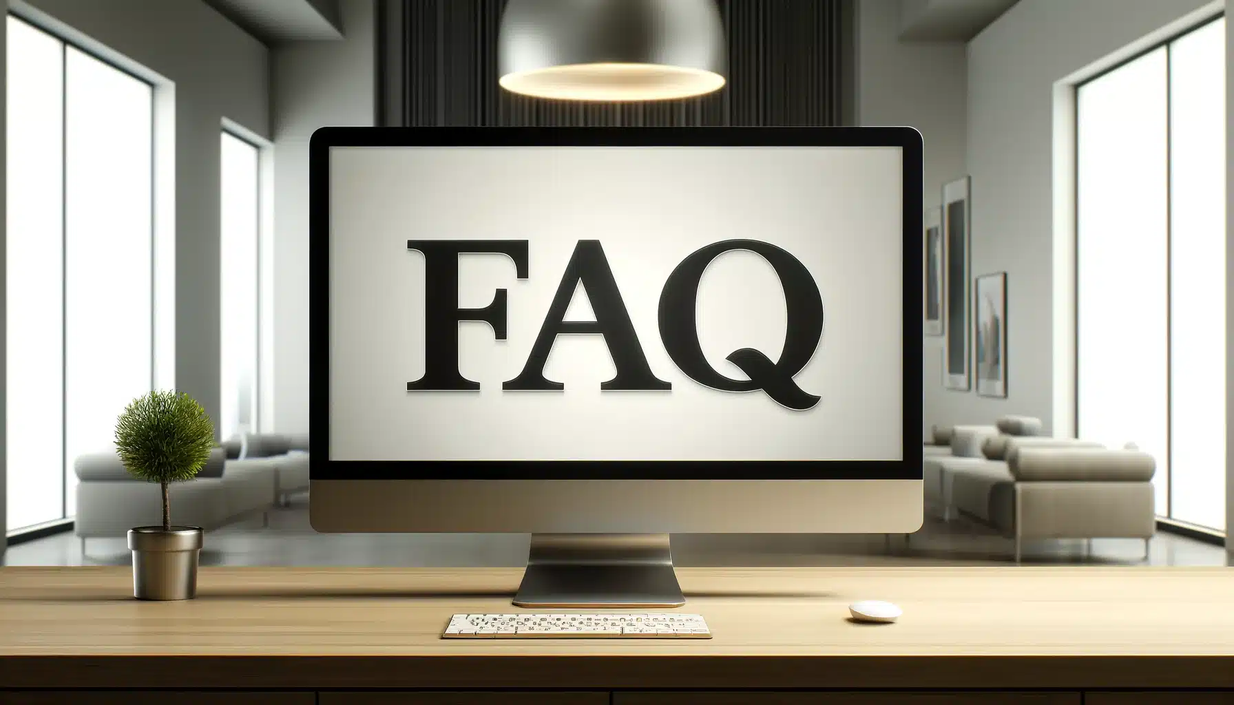 A desktop computer screen prominently displaying the text 'FAQ' in a minimalist, well-lit office setting, concentering on the essence of frequently asked questions in a digital and accessible format.