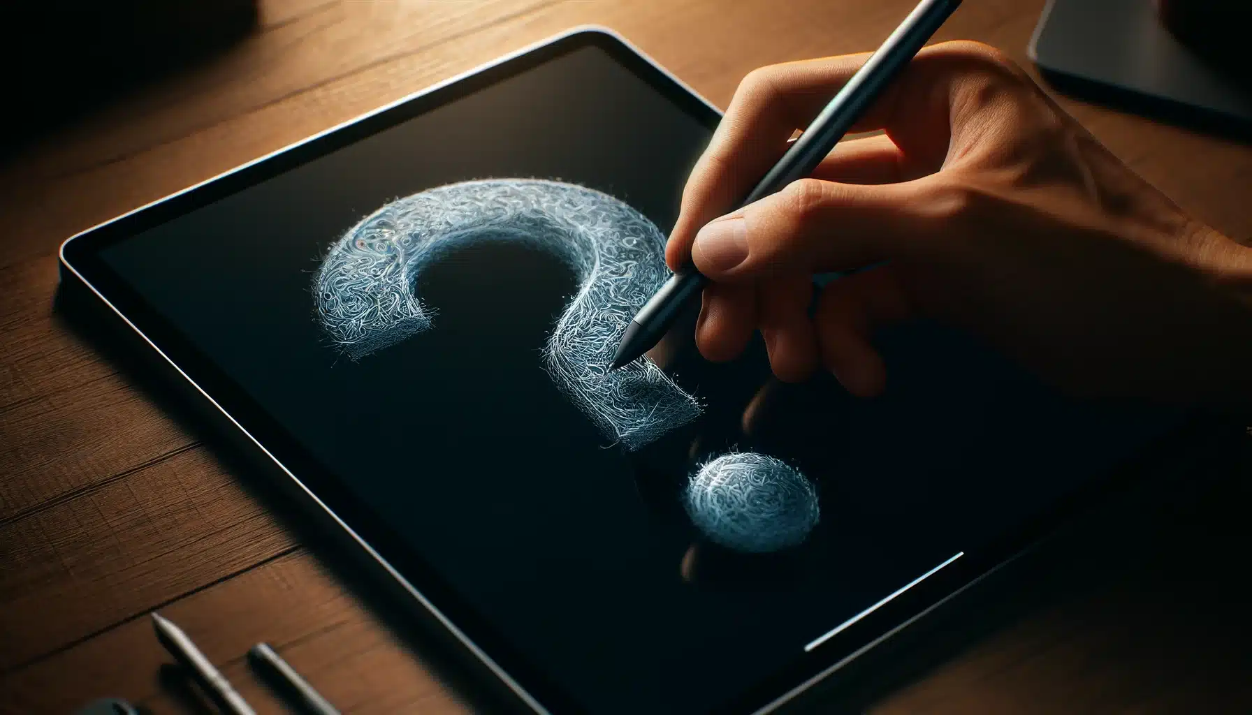 Ultra-realistic depiction of a person's hand drawing a question mark on a Mac tablet screen with a stylus, highlighting intricate details like texture and reflections.