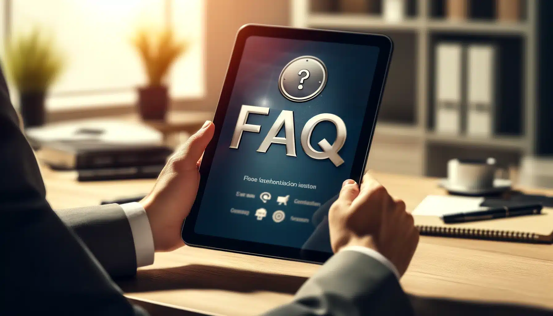 Person using a tablet with 'FAQ' prominently displayed on the screen in a professional setting