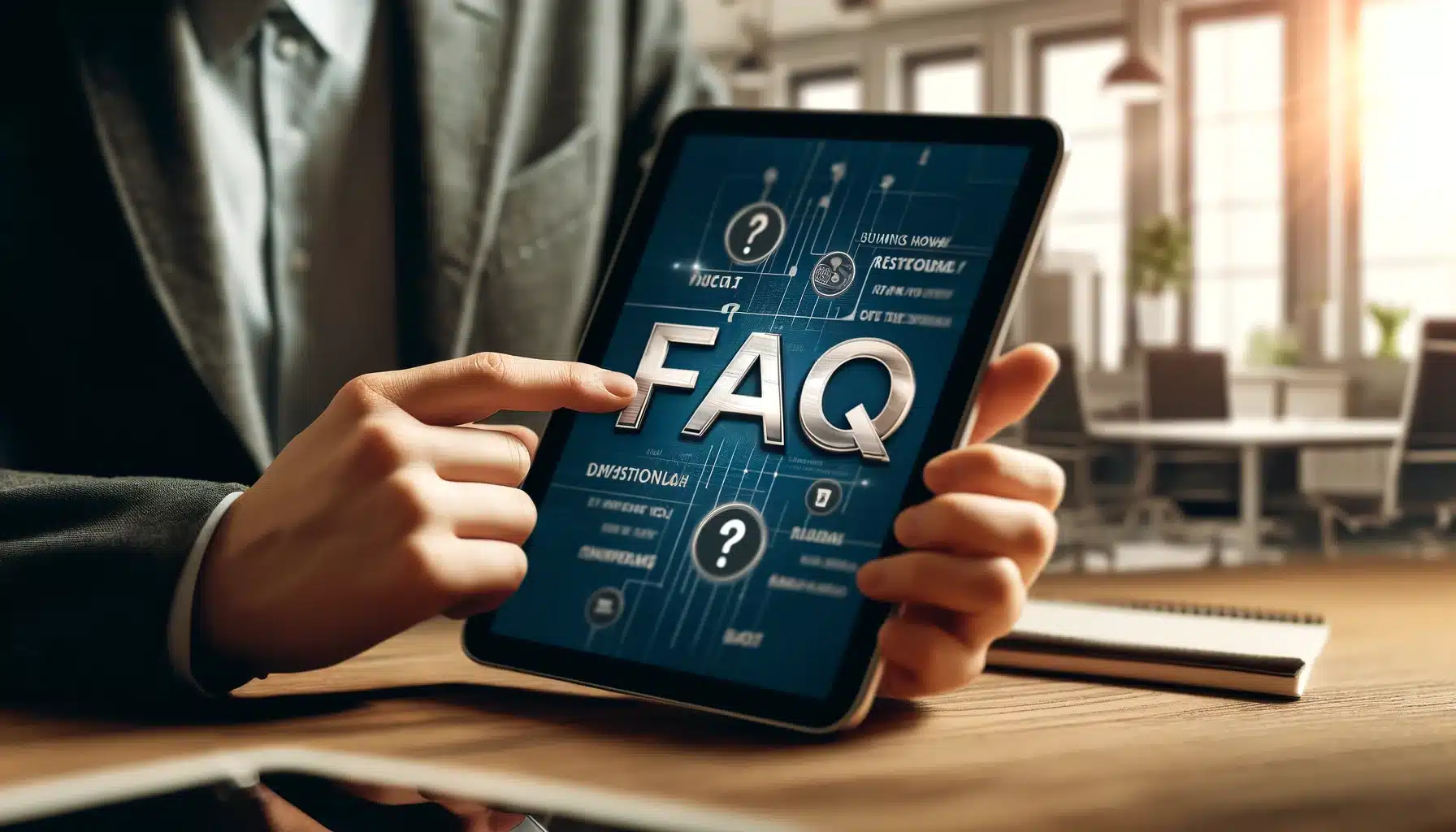 Person using a tablet with 'FAQ' prominently displayed on the screen in a professional setting