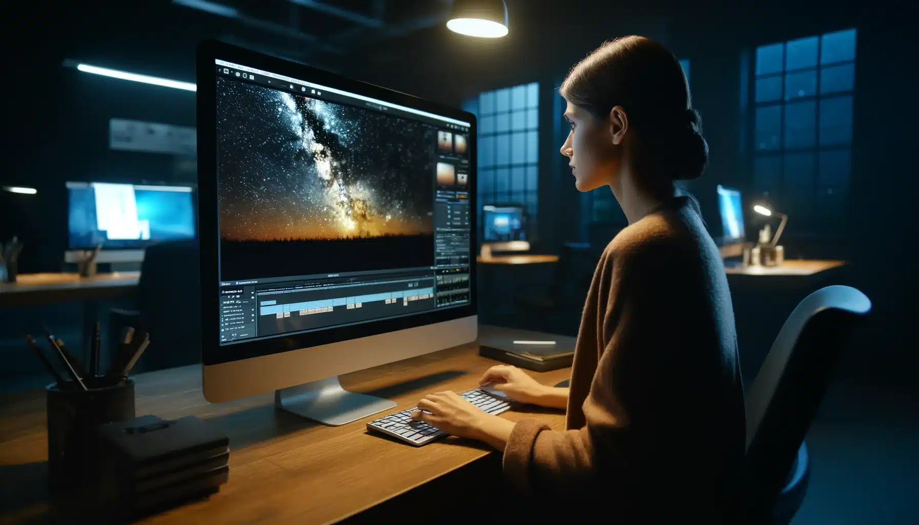 Female editor working on improving Astronomical imaging in a dimly lit office