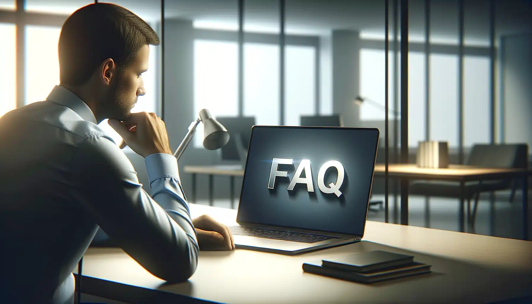 Professional reviewing 'FAQ' on a laptop in a minimalist office setting