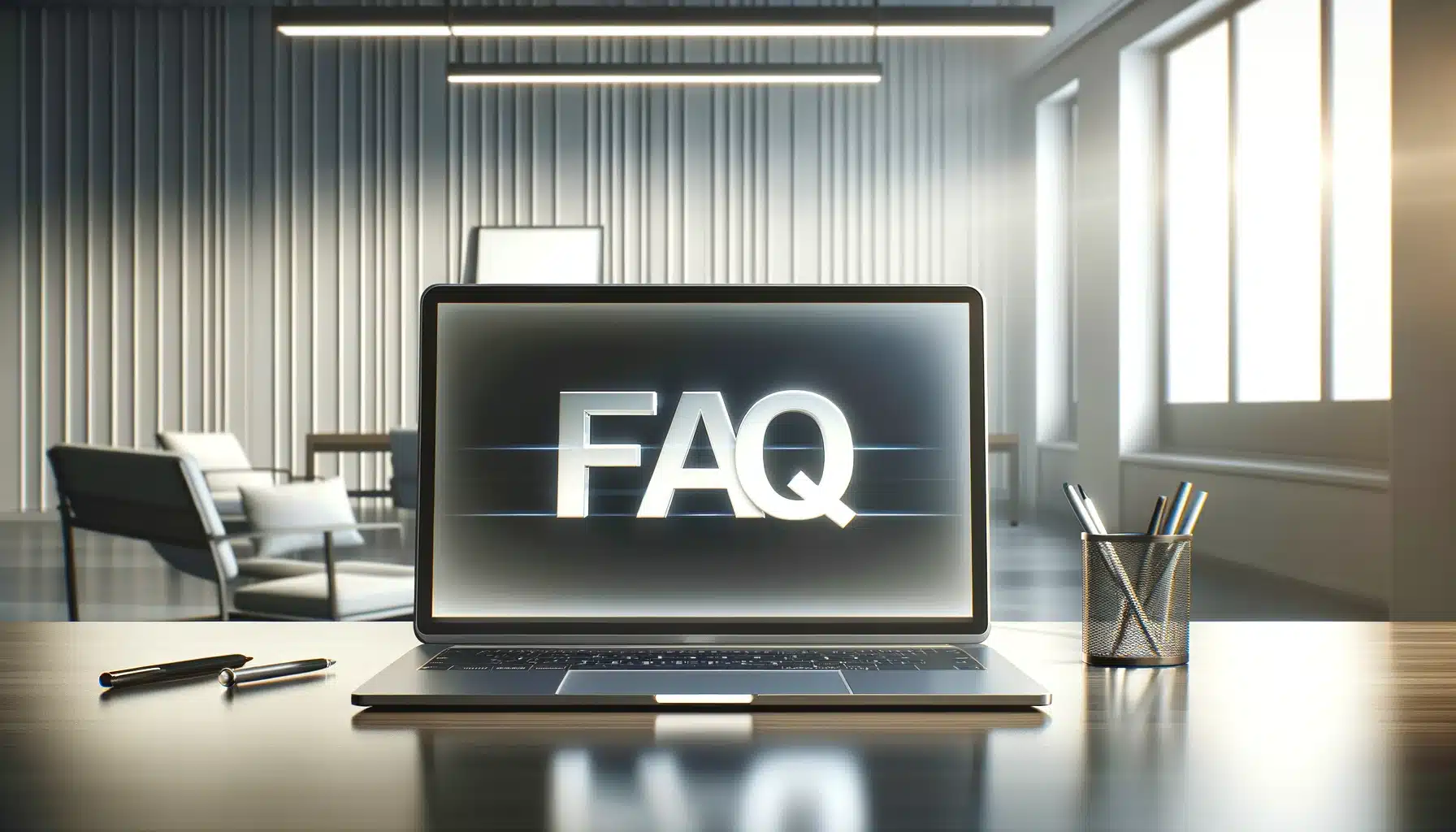 Laptop screen displaying the word 'FAQ' in a modern office