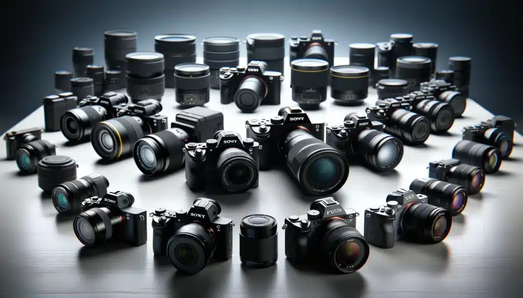 A diverse selection of photoing devices from different brands, including Sony, Canon, Nikon, and Fujifilm, displayed on a clean studio table