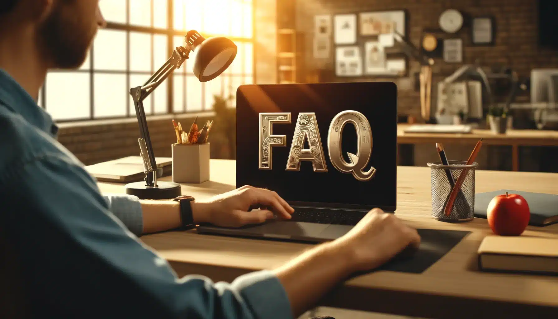 A person sitting at a desk next to a laptop displaying 'FAQ' in big, bold letters on the screen. The creative workspace is well-lit with natural lighting, including a lamp, pencil holder, and an apple.