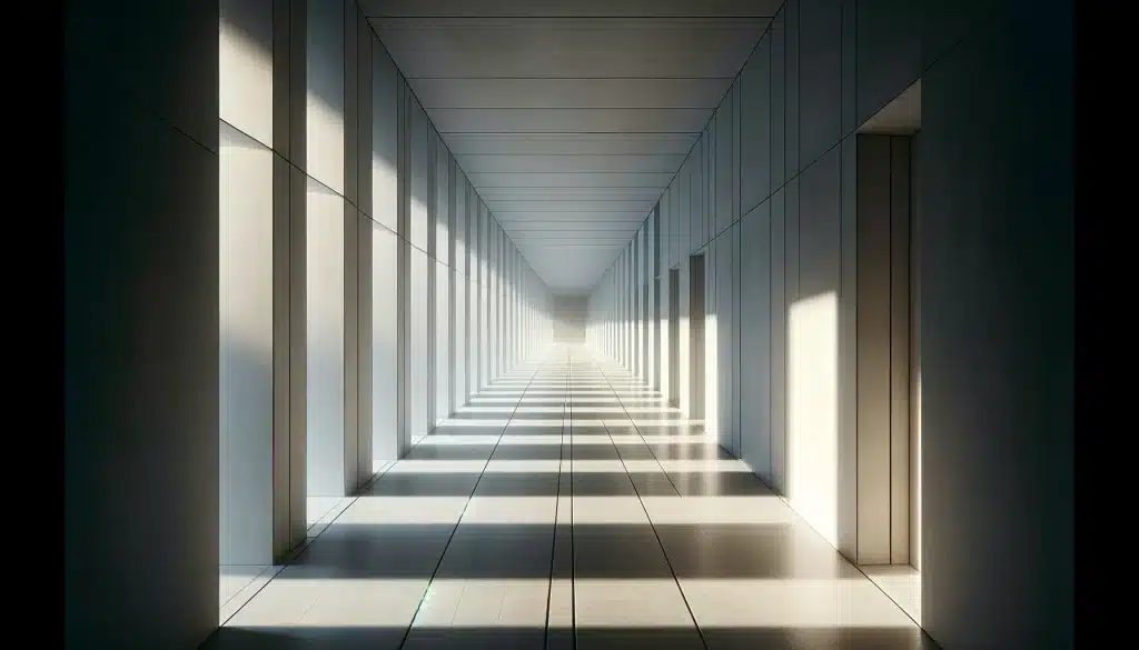 "Empty hallway with leading lines and morning shadows"