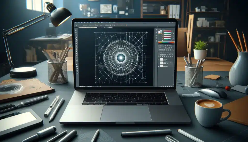 A laptop on a modern office desk displaying the Photoshop interface with the Warp tool active, surrounded by design tools like sketchpads, pencils, and a coffee cup.