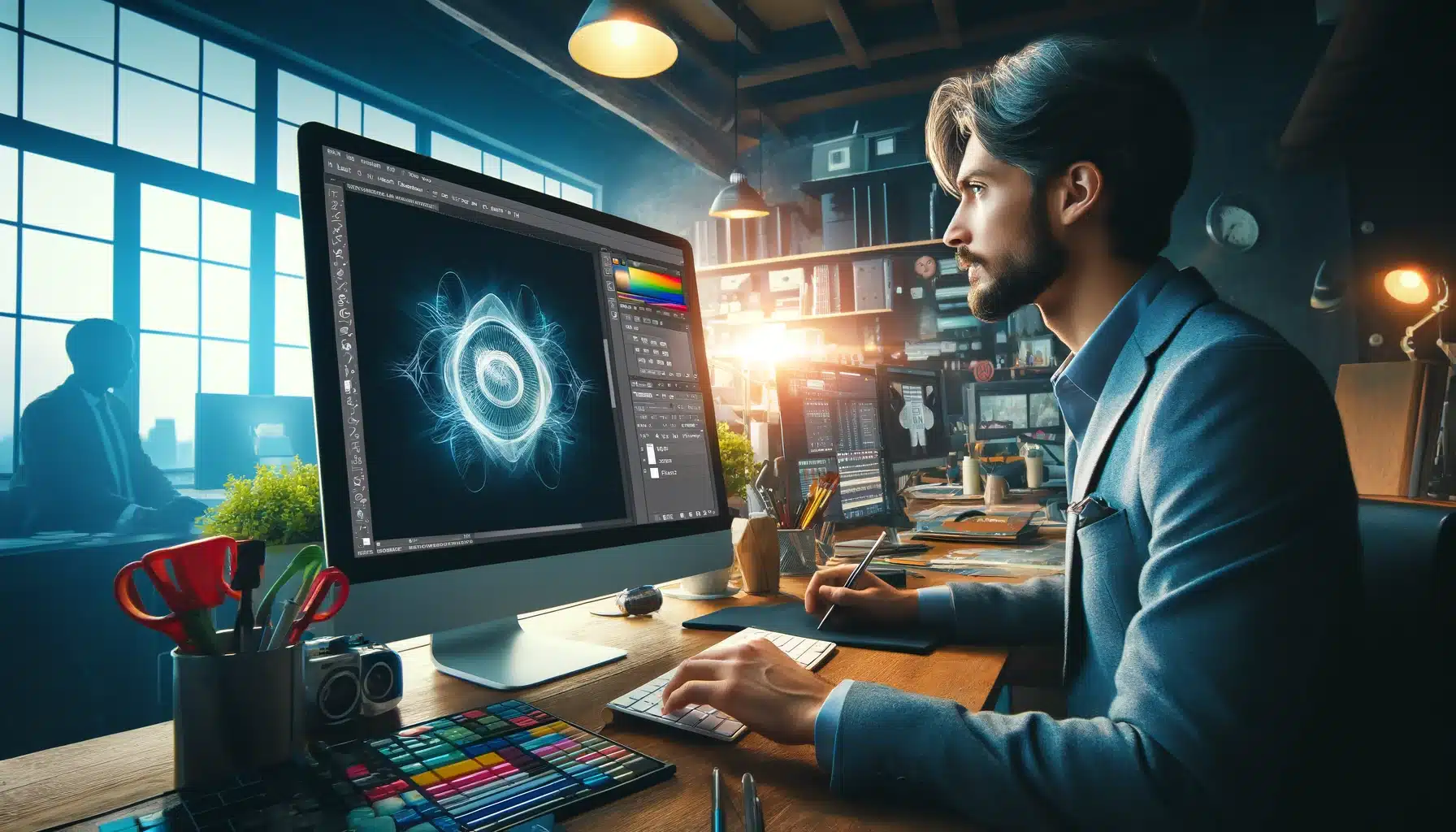 A professional graphic designer working intently on a Photoshop project using the warp tool, in a modern and creatively decorated workspace.