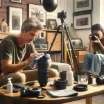 A middle-aged Caucasian male cleans a camera lens with precision while a young Asian female captures photos in a cozy home setting, illustrating effective methods on how to clean camera lenses for spotless shooting.
