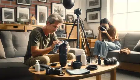 A middle-aged Caucasian male cleans a camera lens with precision while a young Asian female captures photos in a cozy home setting, illustrating effective methods on how to clean camera lenses for spotless shooting.