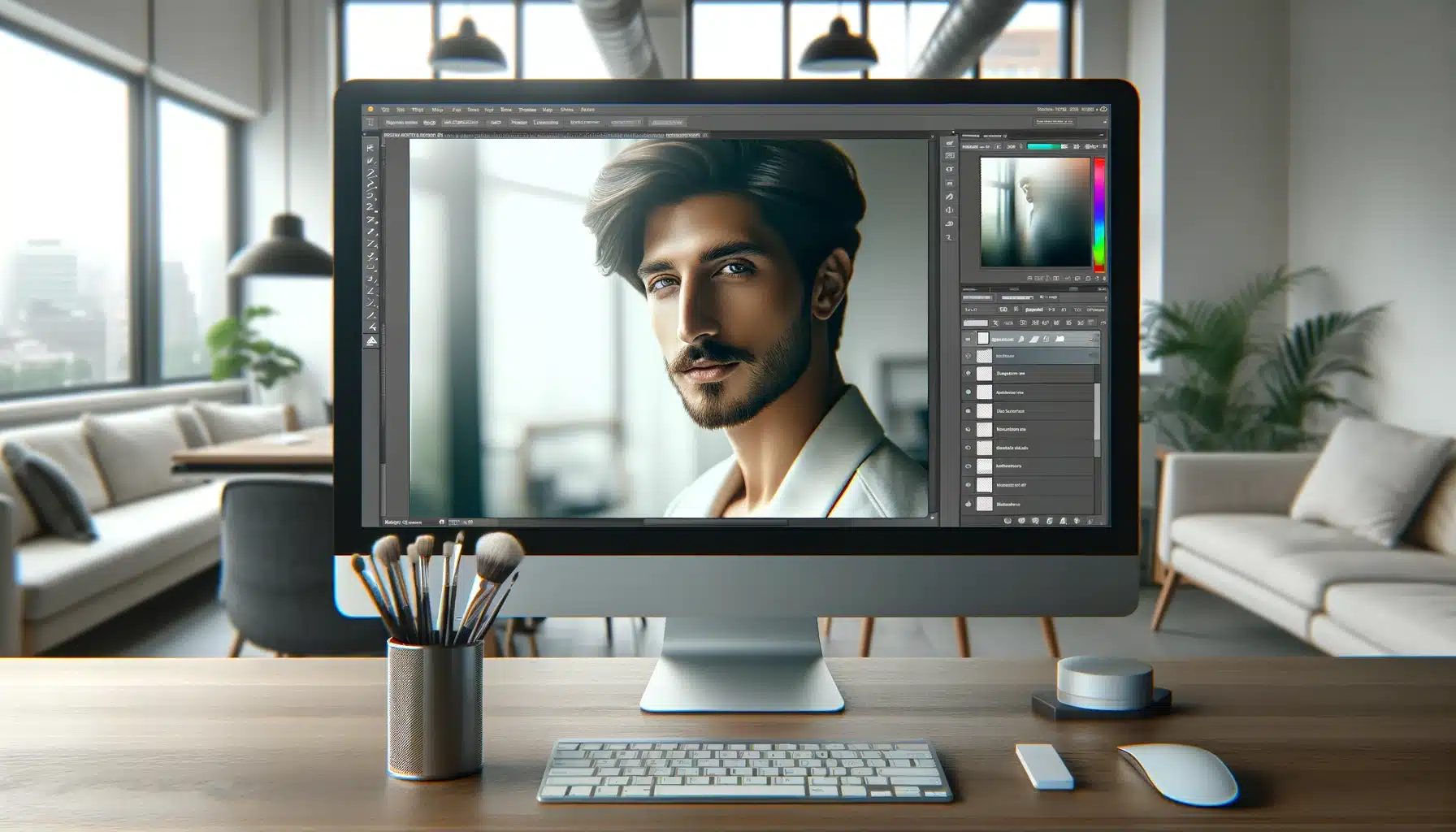 Photoshop interface showing an image of a man with a blurred background