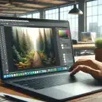 A laptop open on a desk displaying Adobe Photoshop with a forest image and the Layers panel visible. The background includes creative workspace elements like a notebook, coffee cup, and a potted plant.