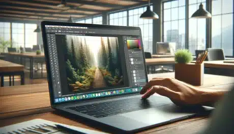 A laptop open on a desk displaying Adobe Photoshop with a forest image and the Layers panel visible. The background includes creative workspace elements like a notebook, coffee cup, and a potted plant.