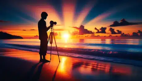 A stunning sunset scene on a beach featuring a person taking silhouette photos with a camera on a tripod, capturing the vibrant colors of the sky and the silhouette of a subject.