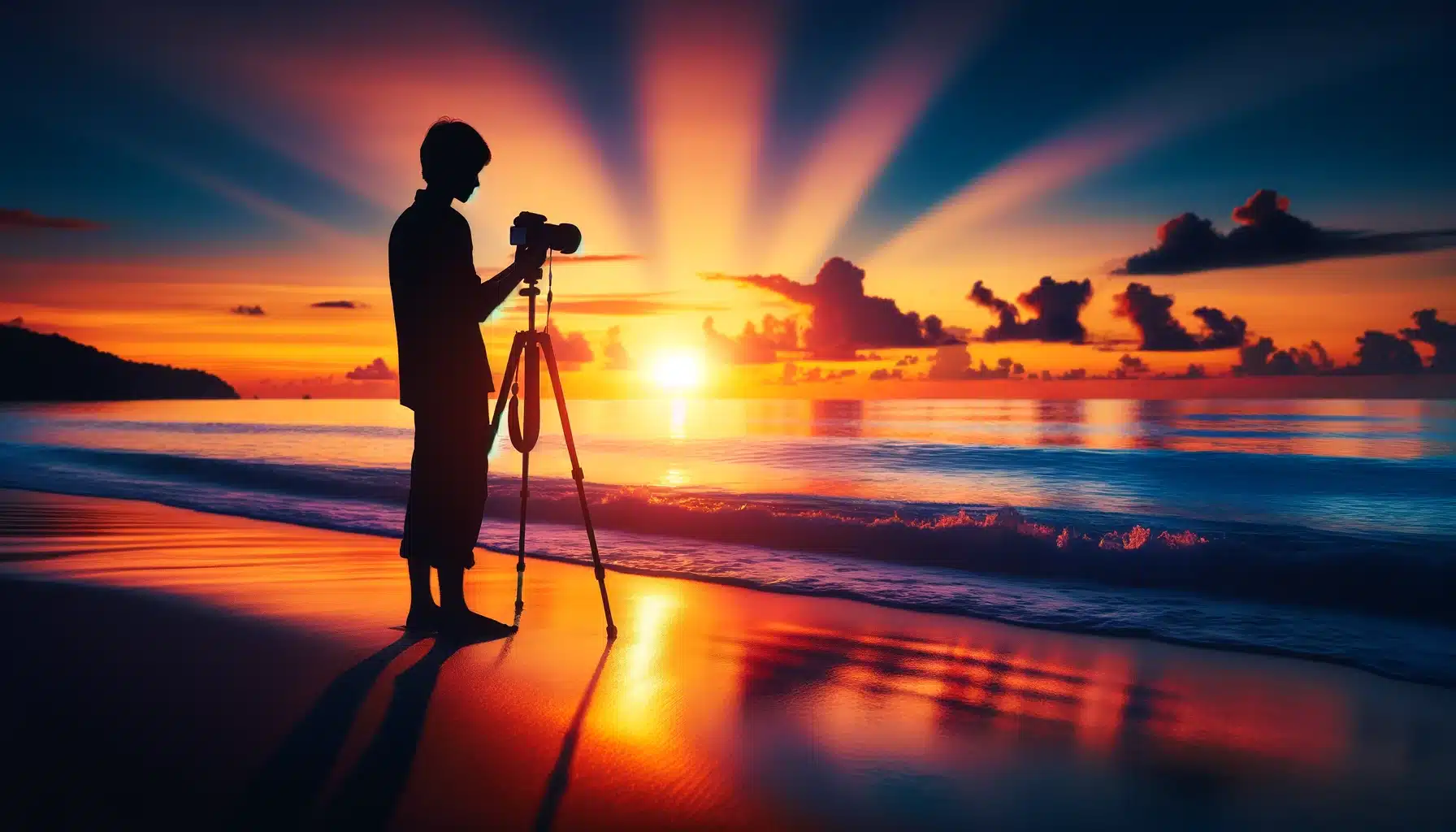 A stunning sunset scene on a beach featuring a person taking silhouette photos with a camera on a tripod, capturing the vibrant colors of the sky and the silhouette of a subject.