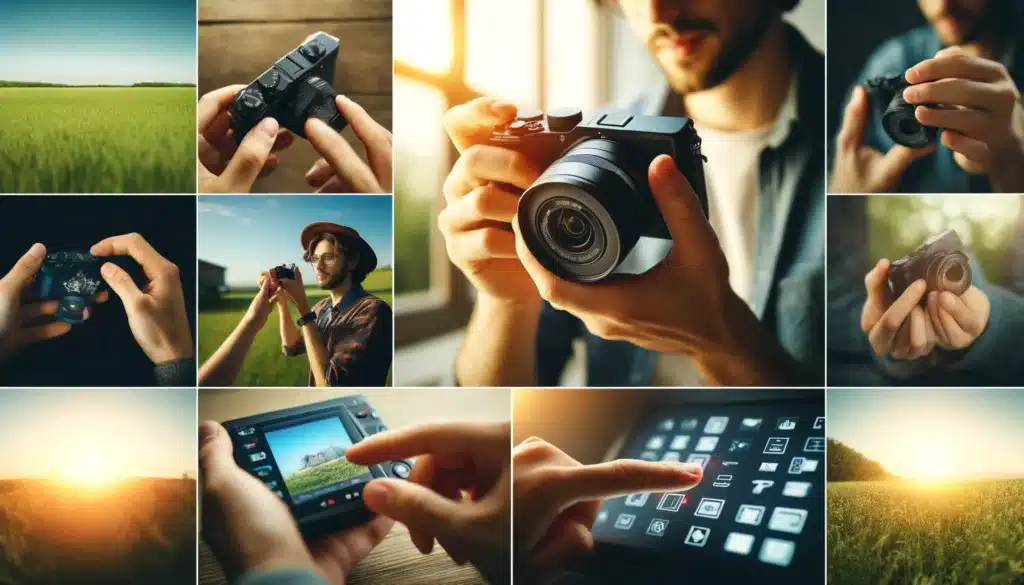 A photographer using a mirrorless camera in various settings, adjusting settings, using the electronic viewfinder, and taking photos in both outdoor and indoor environments.