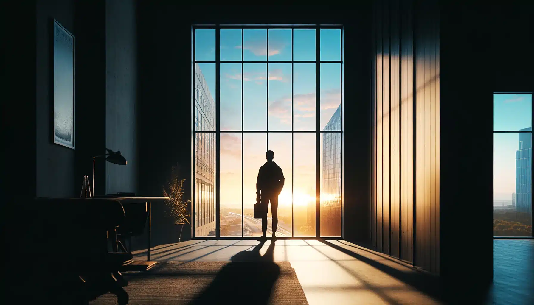 Indoor silhouette of a person near a window with an outdoor sunset silhouette in the background