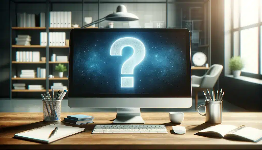 A computer screen displaying a large, clear question mark, set on a desk surrounded by office items like a notepad, pens, and a coffee cup in a modern office environment.