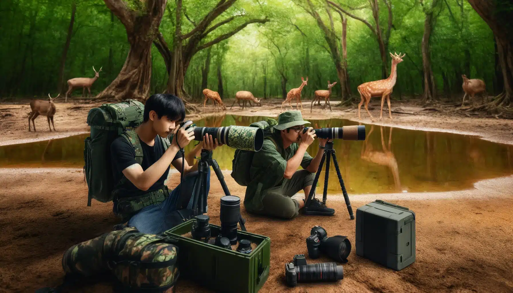 In a dense forest, a young Asian male and a middle-aged Hispanic female use advanced photography equipment near a watering hole, capturing wildlife such as deer and birds, showcasing effective wildlife photography tools and techniques.
